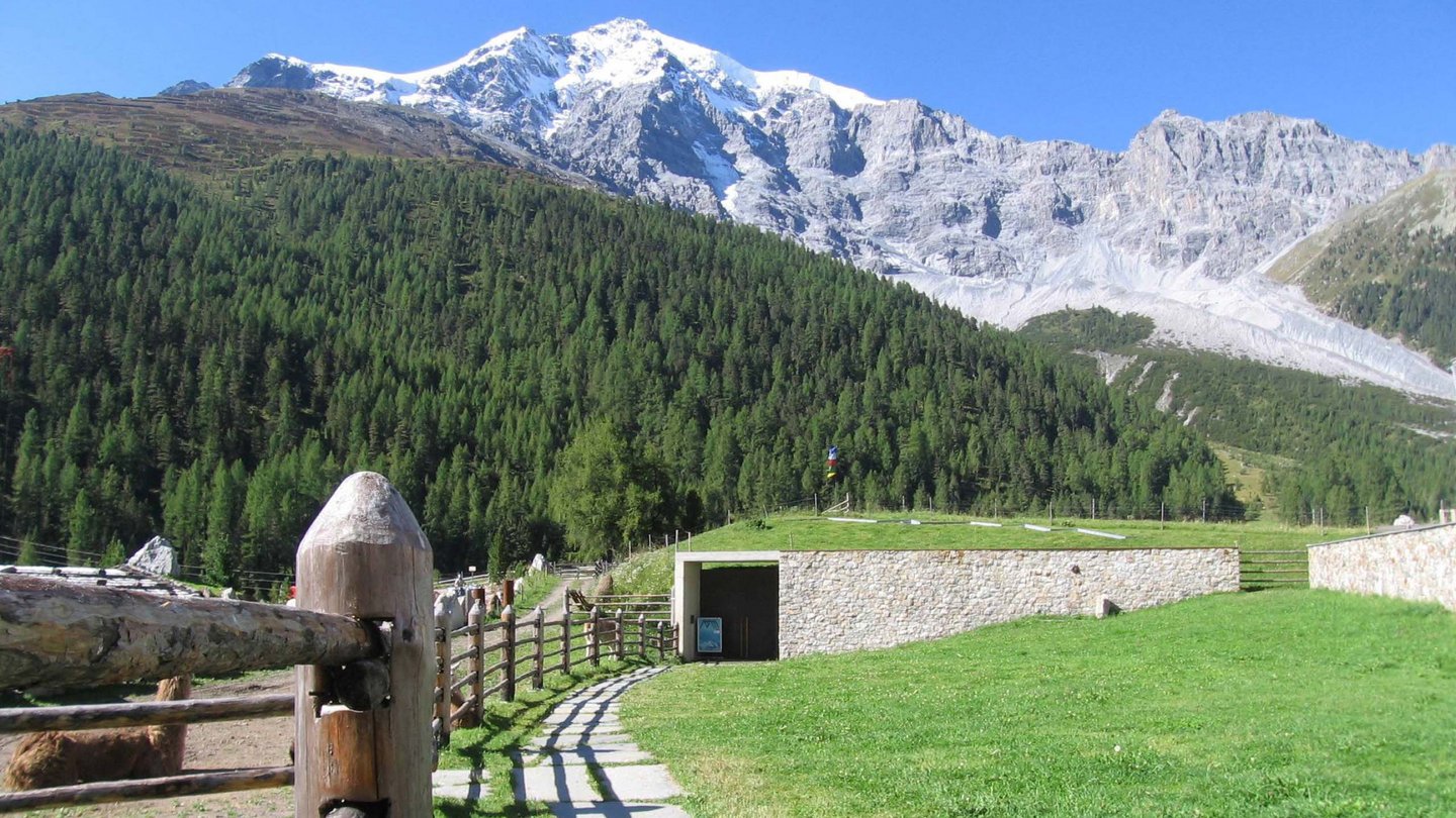 Am Fuße des Messner Mountain Museums: Eine traditionelle Südtiroler Holzbank lädt zum Verweilen ein mit Blick auf die schneebedeckten Gipfel und dichten Nadelwälder.